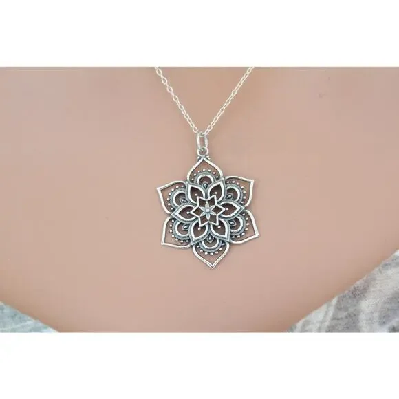 Sterling Silver Openwork Lotus Pendant Necklace